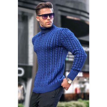 Madmext 6317 İndigo Balıkçı Yaka Örgü Detaylı Erkek Kazak