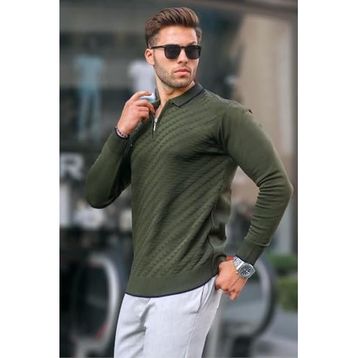 Madmext 6824 Haki Fermuarlı Erkek Triko Kazak