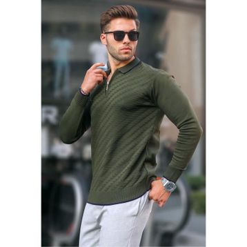 Madmext 6824 Haki Fermuarlı Erkek Triko Kazak