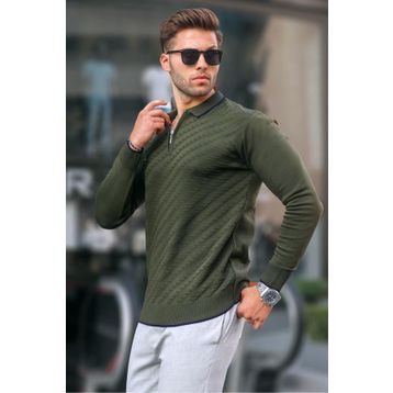 Madmext 6824 Haki Fermuarlı Erkek Triko Kazak