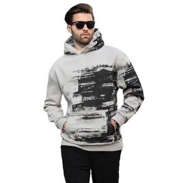 Madmext 7059 Boyalı Gri Kapüşonlu Desenli Cep Detaylı Erkek Sweatshirt