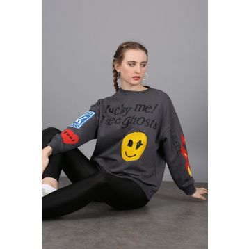 Madmext MG1207 Mad Girls Antrasit Baskılı Oversize Sweatshirt