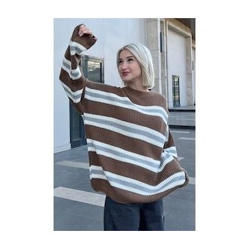 Madmext MG1244 Kahverengi Çizgili Erkek Triko Kazak