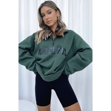 Madmext MG1246 Haki Fermuar Detaylı Baskılı Kadın Sweatshirt