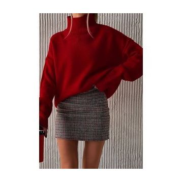 Madmext MG1252 Kadın Mad Girls Kırmızı Balıkçı Yaka Kazak