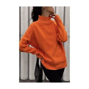 Madmext MG1252 Kadın Mad Girls Turuncu Balıkçı Yaka Kazak