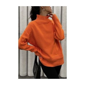 Madmext MG1252 Kadın Mad Girls Turuncu Balıkçı Yaka Kazak