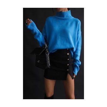 Madmext MG1252 Mad Girls Mavi Balıkçı Yaka Kadın Kazak