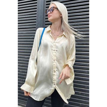 Madmext MG1326 Bej Basic Saten Kadın Gömlek