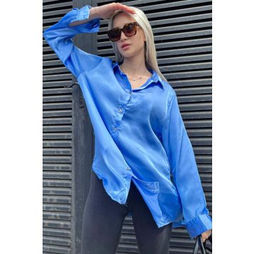 Madmext MG1326 Mavi Basic Saten Kadın Gömlek
