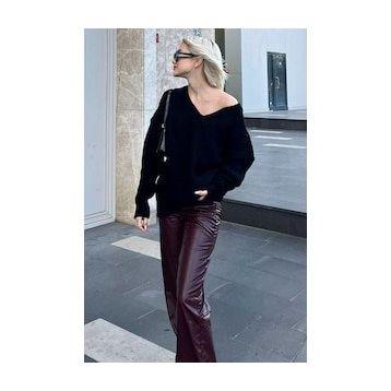 Madmext MG1440 Siyah Oversize V Yaka Triko Kazak