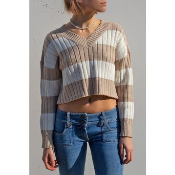 Madmext MG1441 Bej V Yaka Çizgili Crop Kadın Kazak