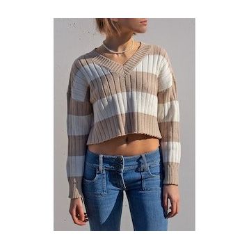 Madmext MG1441 Bej V Yaka Çizgili Crop Kadın Kazak