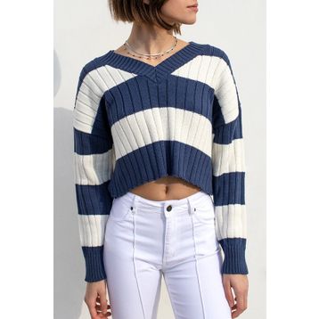 Madmext MG1441 Lacivert V Yaka Çizgili Crop Kadın Kazak