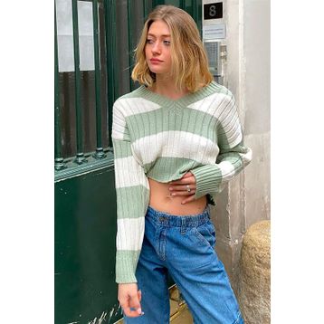 Madmext MG1441 Yeşil V Yaka Çizgili Crop Kadın Kazak