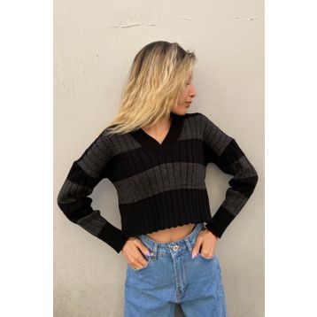 Madmext MG1441 Yeşil V Yaka Çizgili Crop Kadın Kazak
