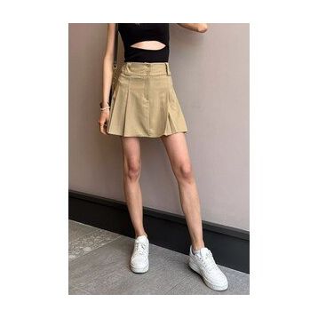 Madmext MG1474 Kadın Bej Basic Pileli Mini Etek