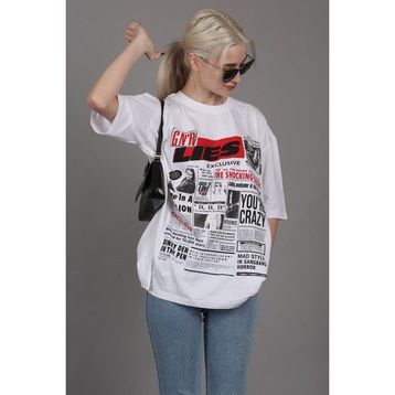 Madmext MG1506 Beyaz Arka Baskılı Over Fit Kadın T-shirt