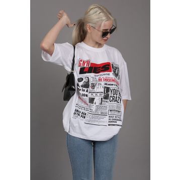 Madmext MG1506 Beyaz Arka Baskılı Over Fit Kadın T-shirt