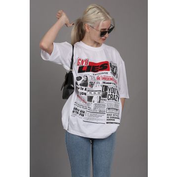 Madmext MG1506 Beyaz Arka Baskılı Over Fit Kadın T-shirt