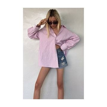 Madmext MG1525 Pembe Çizgili Over Fit Kadın Gömlek