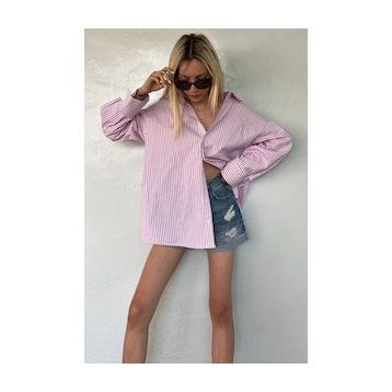 Madmext MG1525 Pembe Çizgili Over Fit Kadın Gömlek