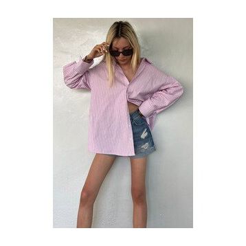 Madmext MG1525 Pembe Çizgili Over Fit Kadın Gömlek