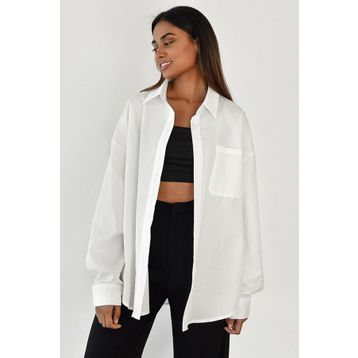 Madmext MG1530 Beyaz Oversize Basic Cepli Poplin Gömlek