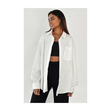 Madmext MG1530 Beyaz Oversize Basic Cepli Poplin Gömlek