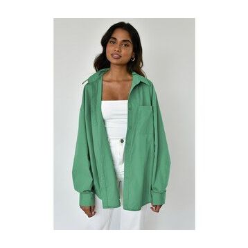 Madmext MG1530 Çağla Yeşili Oversize Basic Cepli Poplin Gömlek