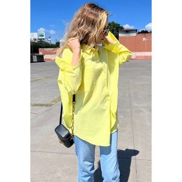 Madmext MG1530 Sarı Oversize Basic Cepli Poplin Kadın Gömlek