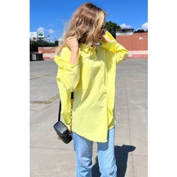 Madmext MG1530 Sarı Oversize Basic Cepli Poplin Kadın Gömlek