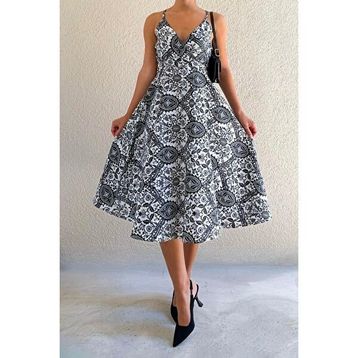 Madmext MG1537 Kahverengi Desenli Dekolteli Midi Boy Elbise
