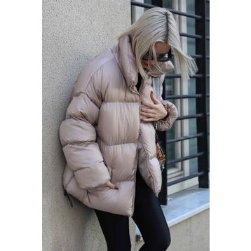 Madmext MG1550 Taş Rengi Basic Oversize Kadın Şişme Mont