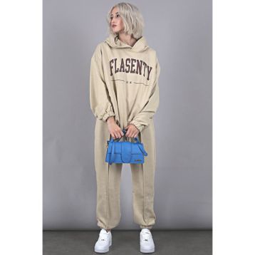 Madmext MG1561 Bej Oversize Baskılı Erkek Eşofman Takım