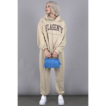 Madmext MG1561 Bej Oversize Baskılı Erkek Eşofman Takım