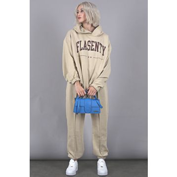 Madmext MG1561 Bej Oversize Baskılı Erkek Eşofman Takım