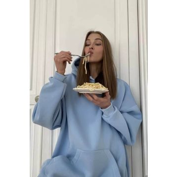 Madmext MG1566 Mavi Kapüşonlu Kadın Sweatshirt