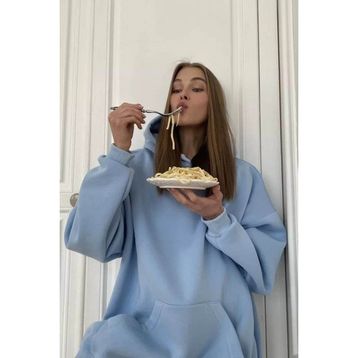 Madmext MG1566 Mavi Kapüşonlu Kadın Sweatshirt