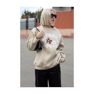 Madmext MG1572 Bej Bisiklet Yaka Baskılı Kadın Sweatshirt