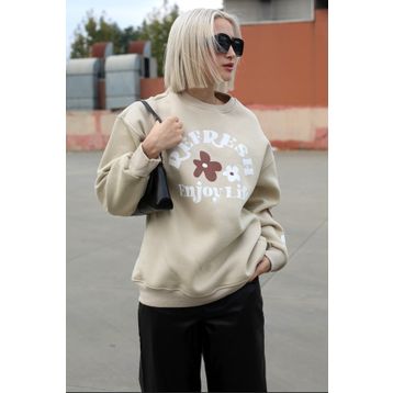 Madmext MG1572 Bej Bisiklet Yaka Baskılı Kadın Sweatshirt