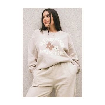 Madmext MG1572 Bej Bisiklet Yaka Baskılı Kadın Sweatshirt