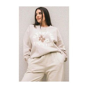 Madmext MG1572 Bej Bisiklet Yaka Baskılı Kadın Sweatshirt