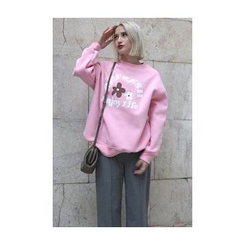 Madmext MG1572 Pembe Bisiklet Yaka Baskılı Kadın Sweatshirt