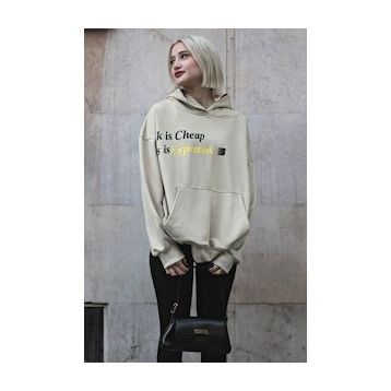 Madmext MG1573 Bej Baskılı Oversize Kapüşonlu Kadın Sweatshirt