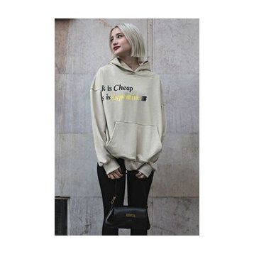 Madmext MG1573 Bej Baskılı Oversize Kapüşonlu Kadın Sweatshirt