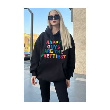 Madmext MG1574 Siyah Renkli Nakışlı Bisiklet Yaka Kadın Sweatshirt