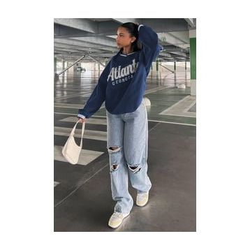 Madmext MG1576 Lacivert Baskılı V Yaka Kadın Sweatshirt