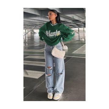 Madmext MG1576 Yeşil Baskılı V Yaka Kadın Sweatshirt