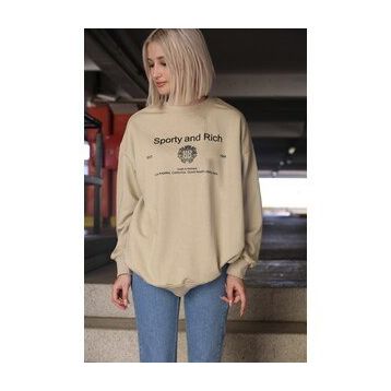 Madmext MG1577 Bej Bisiklet Yaka Baskılı Oversize Kadın Sweatshirt